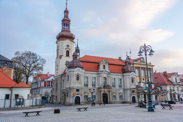 Sunrise view of the main square in Polish town Pszczyna, Poland