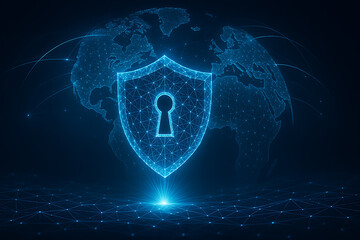blue digital shield icon positioned at the center of a transparent Earth