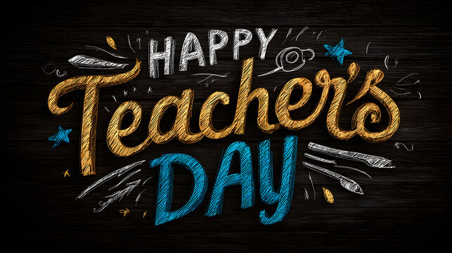 Happy Teacher's Day with dark wood and sketched style celebrates appreciation, ideal for greeting cards or social media posts. - Powered by Adobe