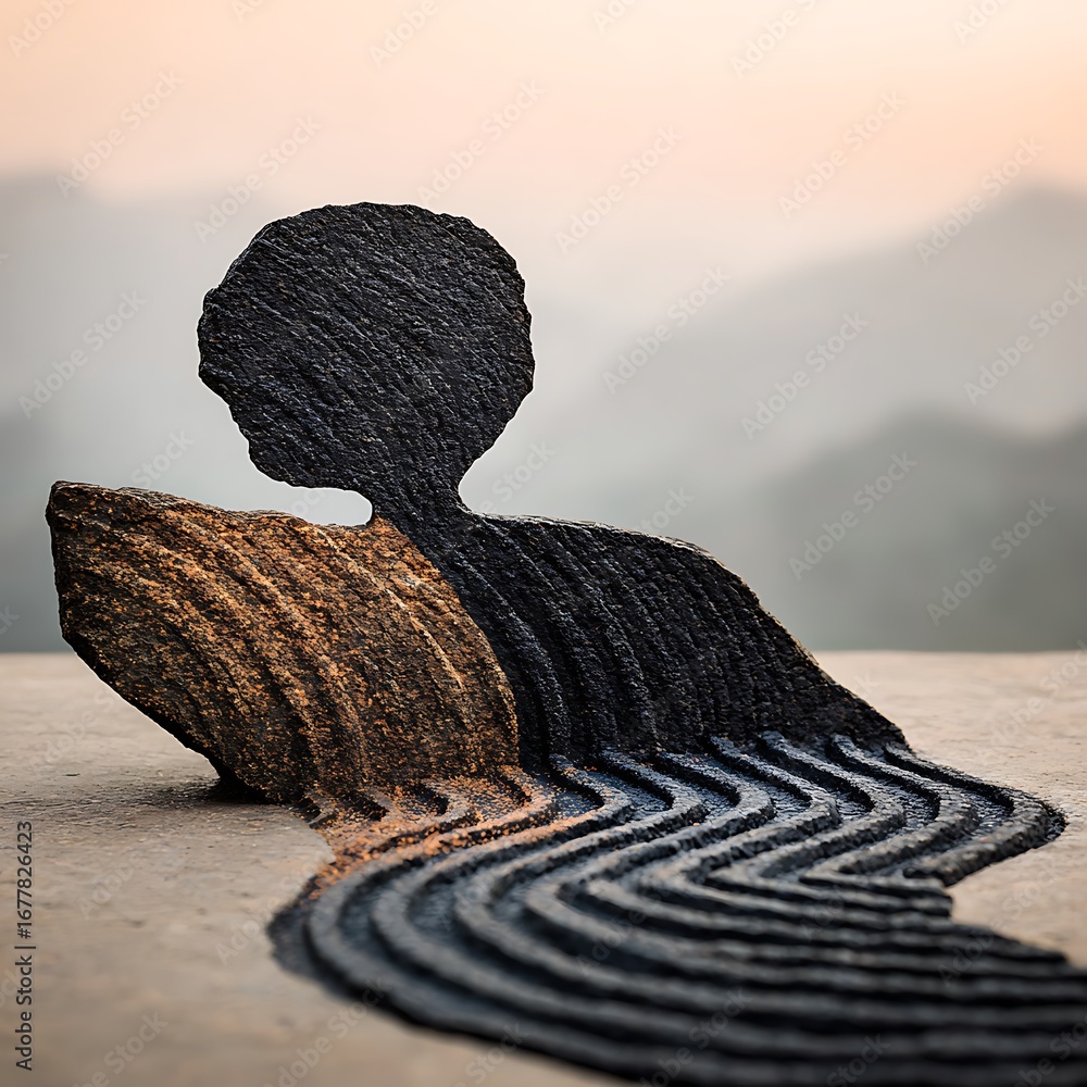 Fototapete abstract figure art piece with textured layers, depicting a human form merging with a landscape, cre