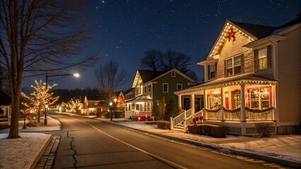 Fototapeta premium A street lined with houses decorated with christmas lights at night under a starry sky
