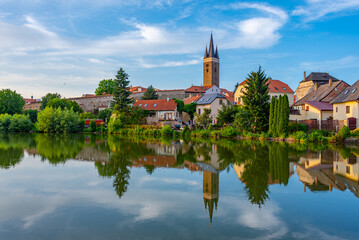 Reflection of Telc cityscape in Czech republic