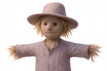 3d rendering of a scarecrow wearing a hat and smiling with open arms, isolated on transparent background