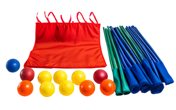 Soccer training bibs cones and agility poles laid out highlighting team preparation and practice setup isolated on transparent background PNG