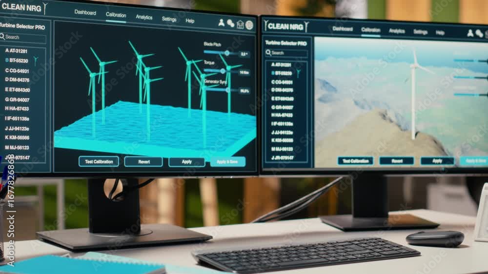 Poster software interface on pc used for planning wind farm layouts, determining optimal turbine placements