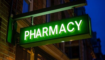 Obraz premium Illuminated green pharmacy sign at night