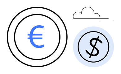 Euro and dollar currency signs inside circular coin shapes, accompanied by a minimalistic cloud. Ideal for finance, exchange, economics, investment, global trade, banking, digital economy simple