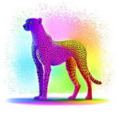 A vibrant rainbow colored cheetah stands watchful on an artistic colorful splattered background.