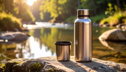 Close-up of reusable stainless steel water bottle and collapsible cup in nature. Realistic outdoor travel hydration essentials for adventure and tourism lifestyle.
