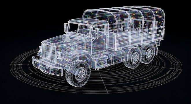 Transparent wireframe military truck on black background.