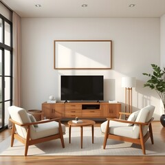 Modern Living Room Interior Design: Minimalist Apartment with Mid-Century Modern Furniture and Blank TV Screen