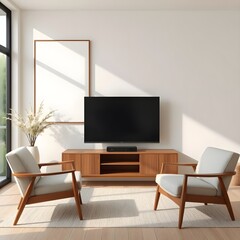 Modern Living Room Interior: Minimalist Design with Flat Screen TV, Armchairs, and Natural Light