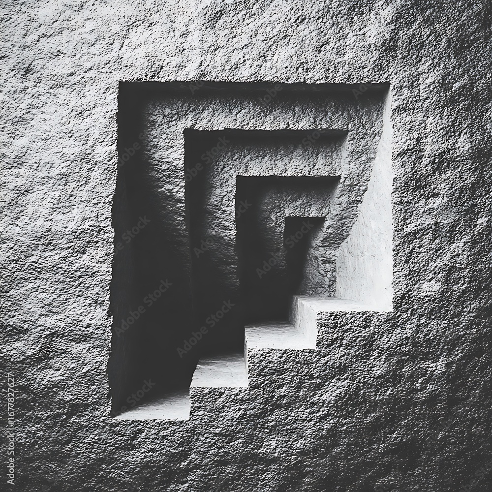 Poster monochrome abstract image of a square carved into a stone wall, creating a geometric pattern with sh