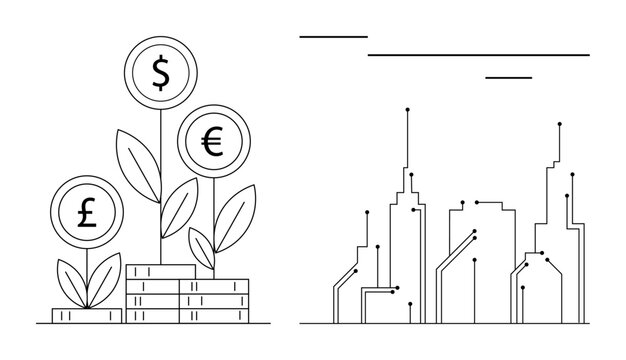 Plants with dollar, euro, and pound signs emerging from coins next to a modern connected city skyline. Ideal for investment, economy, fintech, innovation, sustainability, green finance future