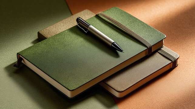 Stack of two green and brown notebooks with black pen resting on cover in soft light

