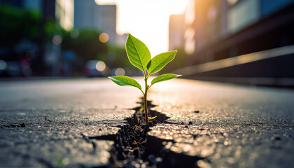 Young green plant growing through cracked concrete on city street with sunlight shining in background, symbolizing hope and resilience in urban environment