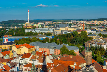 Panorama view of football stadium and brewery in Pilsen, Czech r