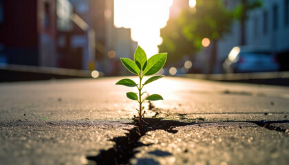 Young green plant growing through cracked concrete pavement with sunlight shining in background, symbolizing resilience and hope in urban environment
