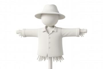 Weathered scarecrow protecting agricultural field, standing tall with straw-filled body, transparent background enabling seamless design integration
