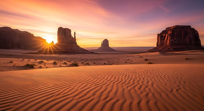 Vibrant desert sunrise over majestic rock formations.