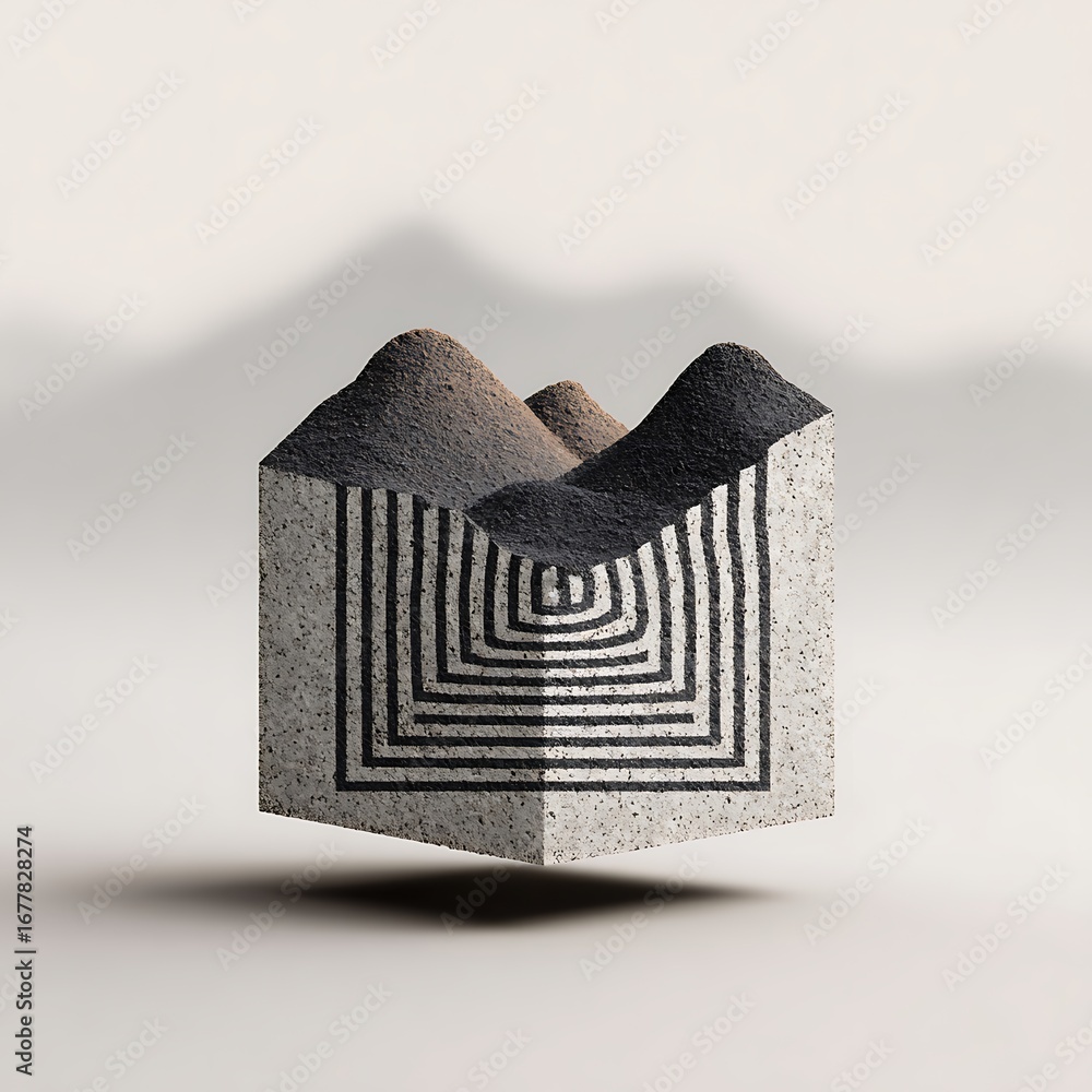 Poster abstract cube sculpture with sand mountains and geometric patterns, creating a modern and artistic v