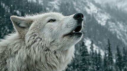 Obraz premium White wolf howling in a snowy forest landscape.