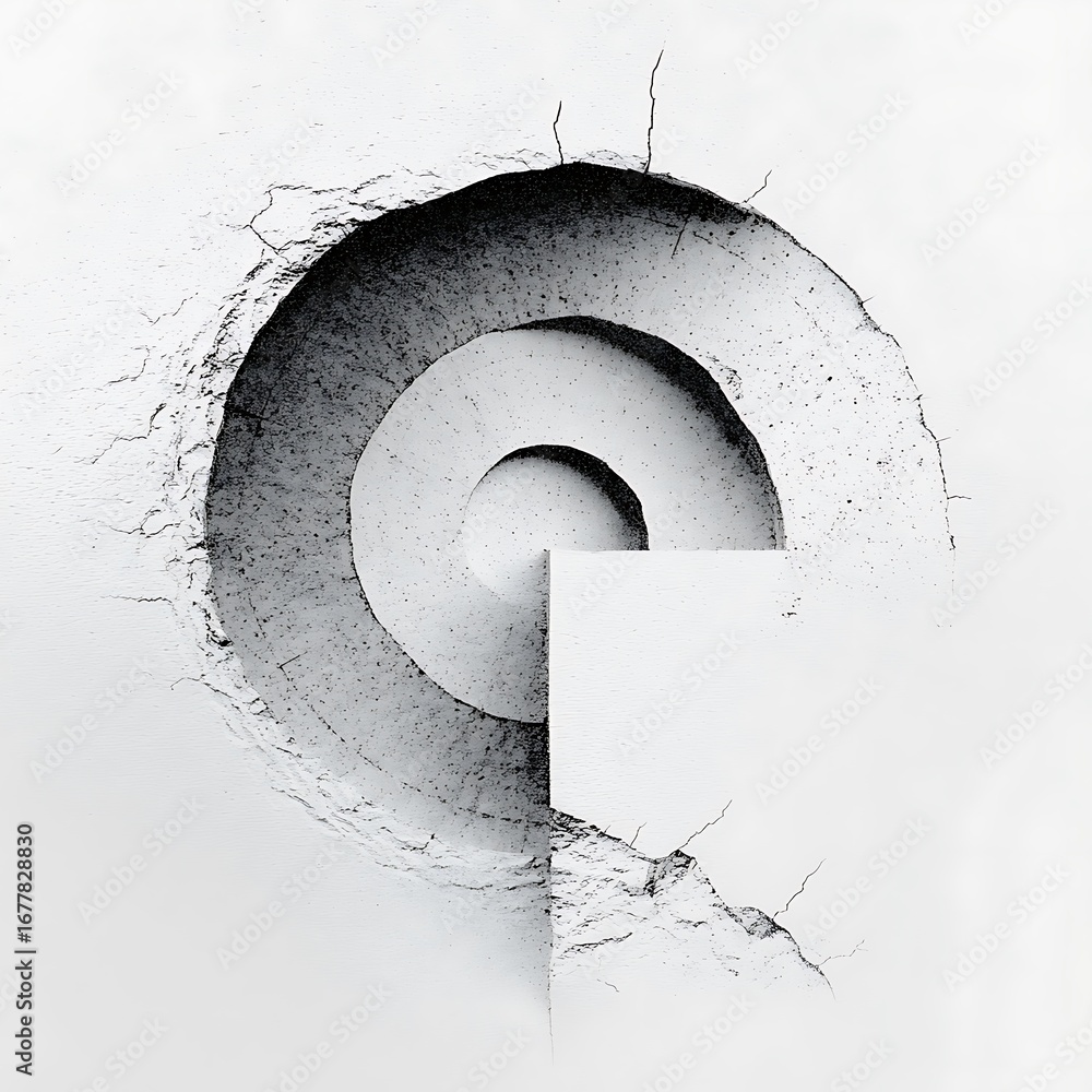 Poster abstract geometric design with circles and square on cracked wall texture isolated on white backgrou