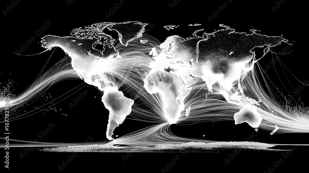 Poster global network connections visualized through intricate pathways across continents