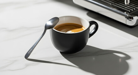 espresso cup and spoon on marble surface with soft shadows.