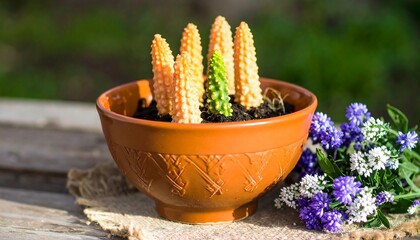 Orange-topped plants in terracotta bowl