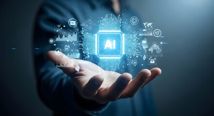 Futuristic ai chip glowing with data streams held in a hand