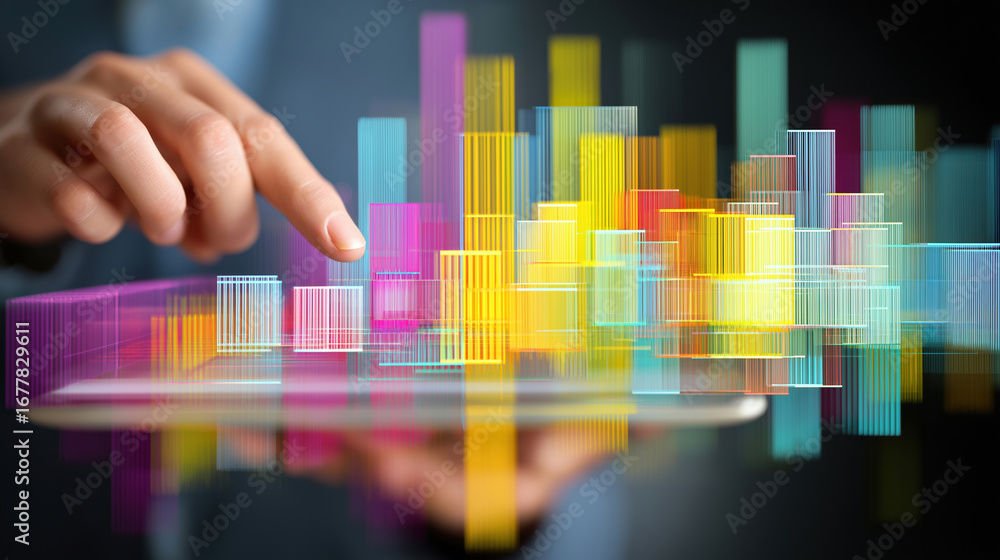 Poster Digital data visualization with colorful graphics and a person's hand in focus