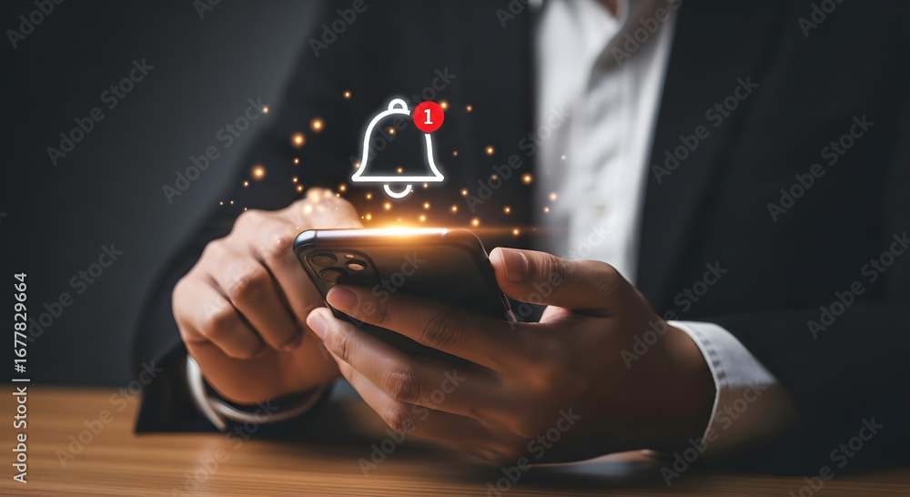 Poster person using mobile device with notification bell icon and glowing light