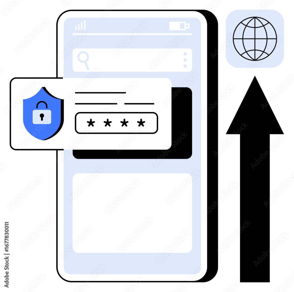 Poster smartphone interface with secure login credentials, shield emblem, upward arrow symbolizing progress