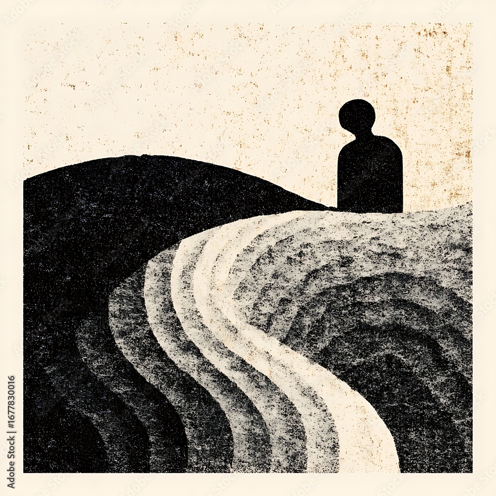Poster a contemplative landscape featuring a silhouette of a person on a hill with a winding path, creating