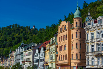 Naklejka premium Colourful houses at Karlovy Vary promenade, Czech republic