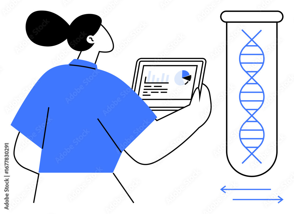 Poster person examining charts on a tablet screen with a test tube featuring a dna double helix structure. 