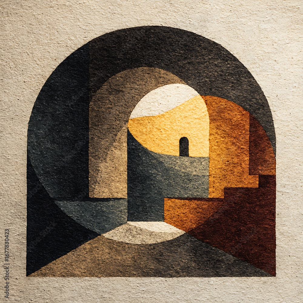 Fototapete abstract geometric art featuring an arched structure with layered shapes and textured surfaces, crea