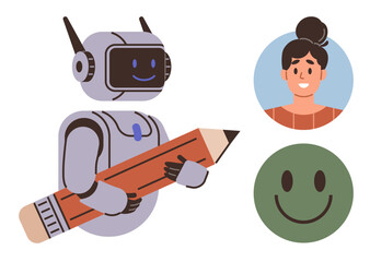 Fototapeta premium Robot with a cheerful screen holding a pencil beside a smiling person and green happy face. Ideal for technology, AI, creativity, education, teamwork, user interface, positivity. Simple flat metaphor