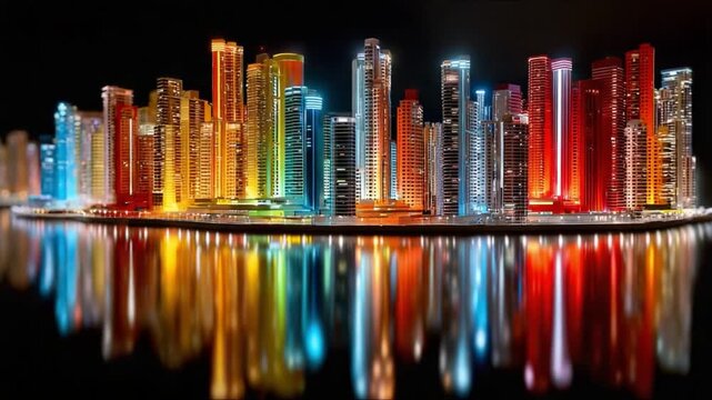 Colorful Cityscape Reflection: A stunning array of vibrant, glowing skyscrapers come to life against the blackness of night, their colors mirroring in the glossy, reflective surface below.