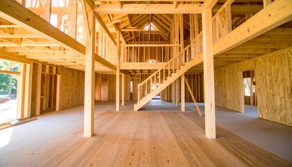 Interior of a wooden-framed house under construction
