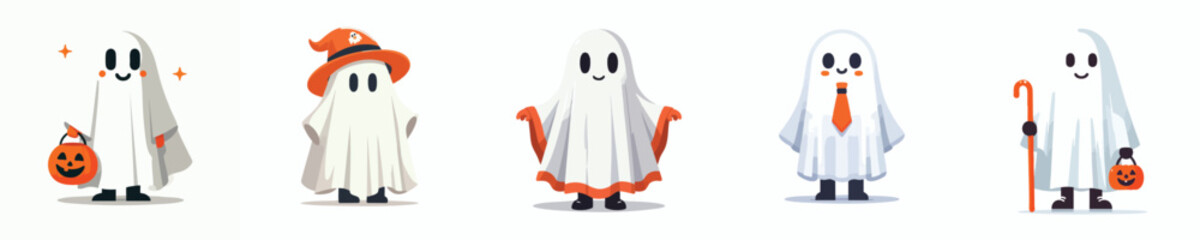 Cute Kids in Ghost Costume Halloween Illustration Set – Funny Cartoon Children Trick or Treat Vector, Spooky Party and Pumpkin Bucket Design