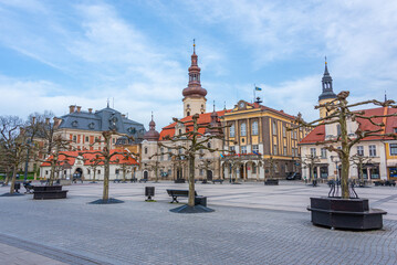 Naklejka premium Sunrise view of the main square in Polish town Pszczyna, Poland