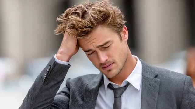 Stressful Day: A dejected man in a suit, hand on his forehead, embodying stress and the weight of troubles. Reflecting feelings of strain and worry. 