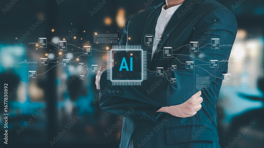Aufkleber a businessman stands with an ai processor icon. a holographic network connects digital documents, sh