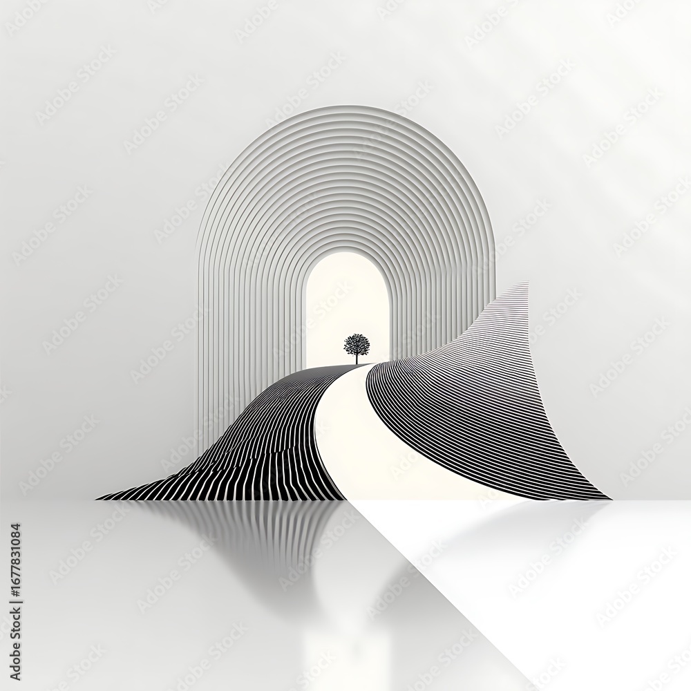 Fototapete abstract monochrome pathway with arched tunnel isolated on white background, creating a minimalist a