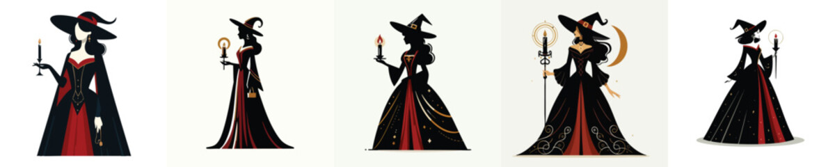 Elegant Dark Witch Vector Collection – Gothic Sorceress with Candle, Moon, Wand and Black Red Dress Illustration