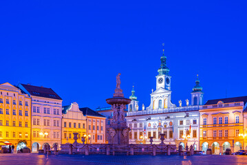 Fototapeta premium Sunrise view of the main square in Ceske Budejovice, Czech repub