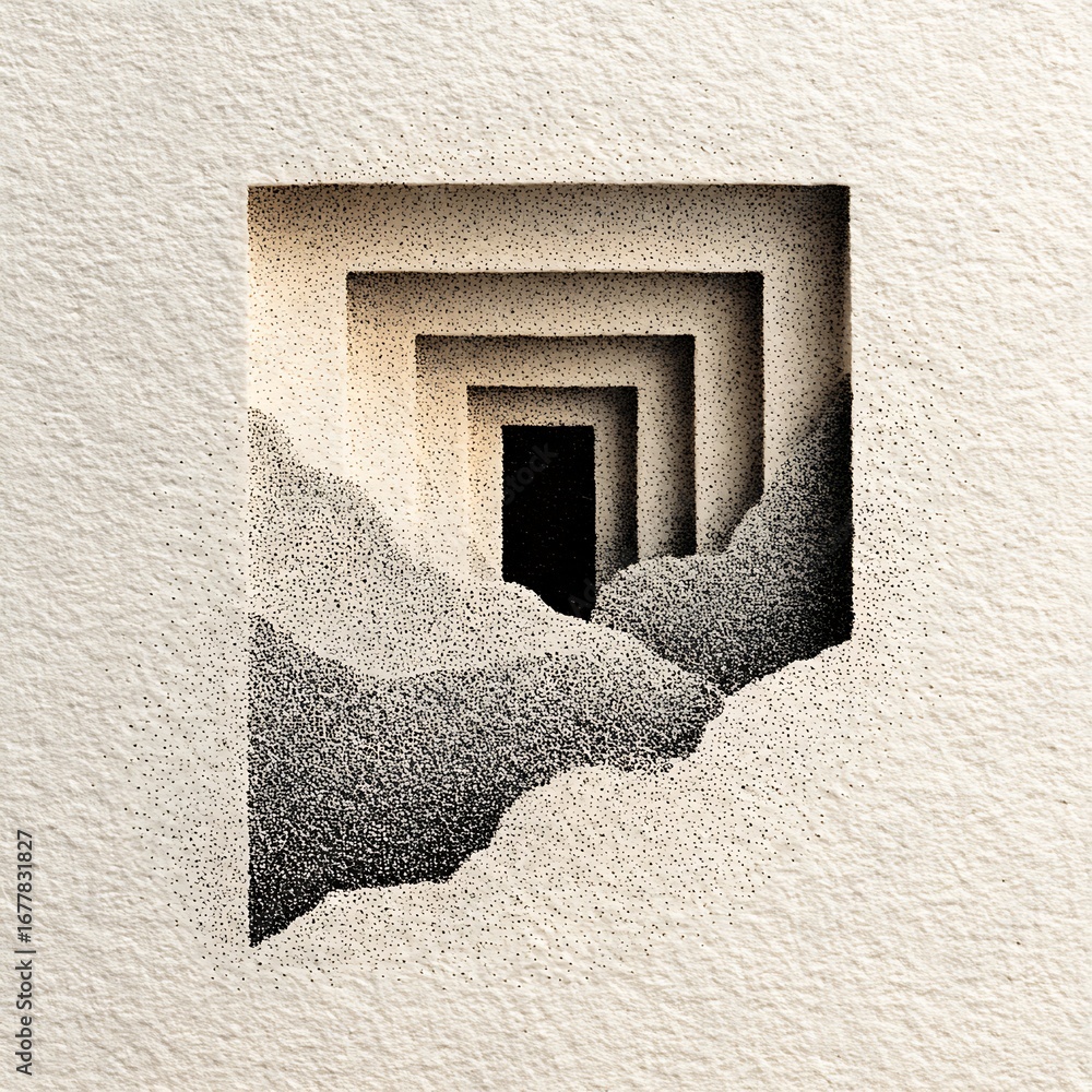 Fototapete abstract stippling art featuring a square tunnel with a sense of depth and texture, creating a visua