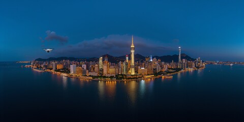 Naklejka premium Aerial drone view of illuminated coastal skyline at dusk—panoramic smart city nightscape with towers, bayfront parks, and long reflections; technology, tourism, and finance hub beside calm sea